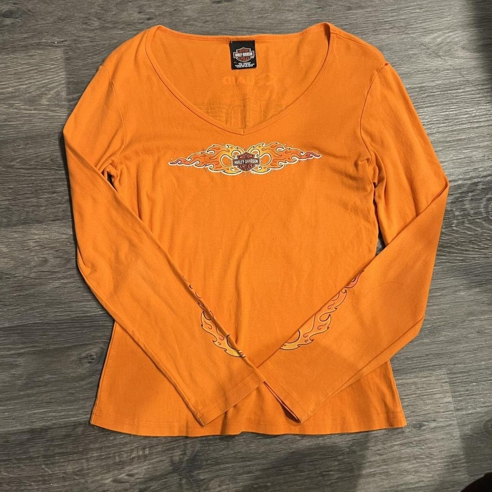 Harley Davidson orange long sleeve shirt with bedazzles on front with v neck sty